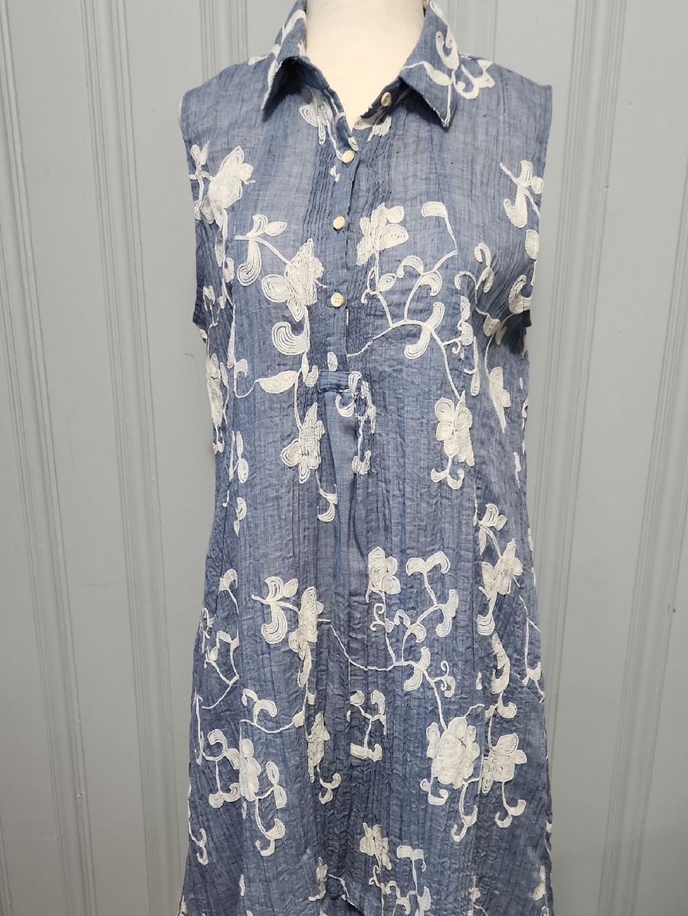 Sleeveless Blue Embroidered Button Front Dress